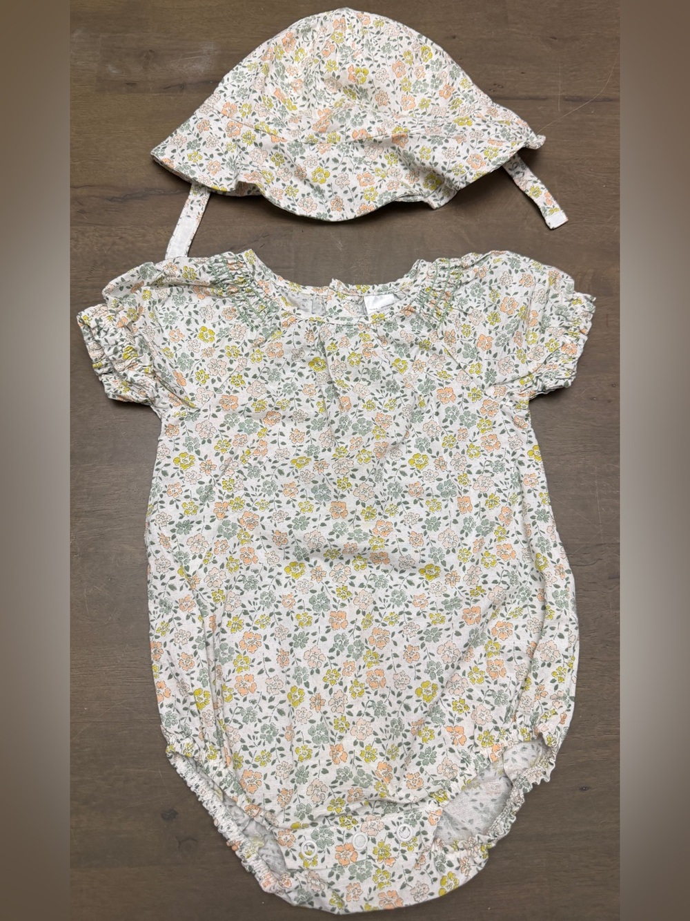 Carter's Floral Print White, Peach & Yellow Baby Bubble Romper with Sun Hat